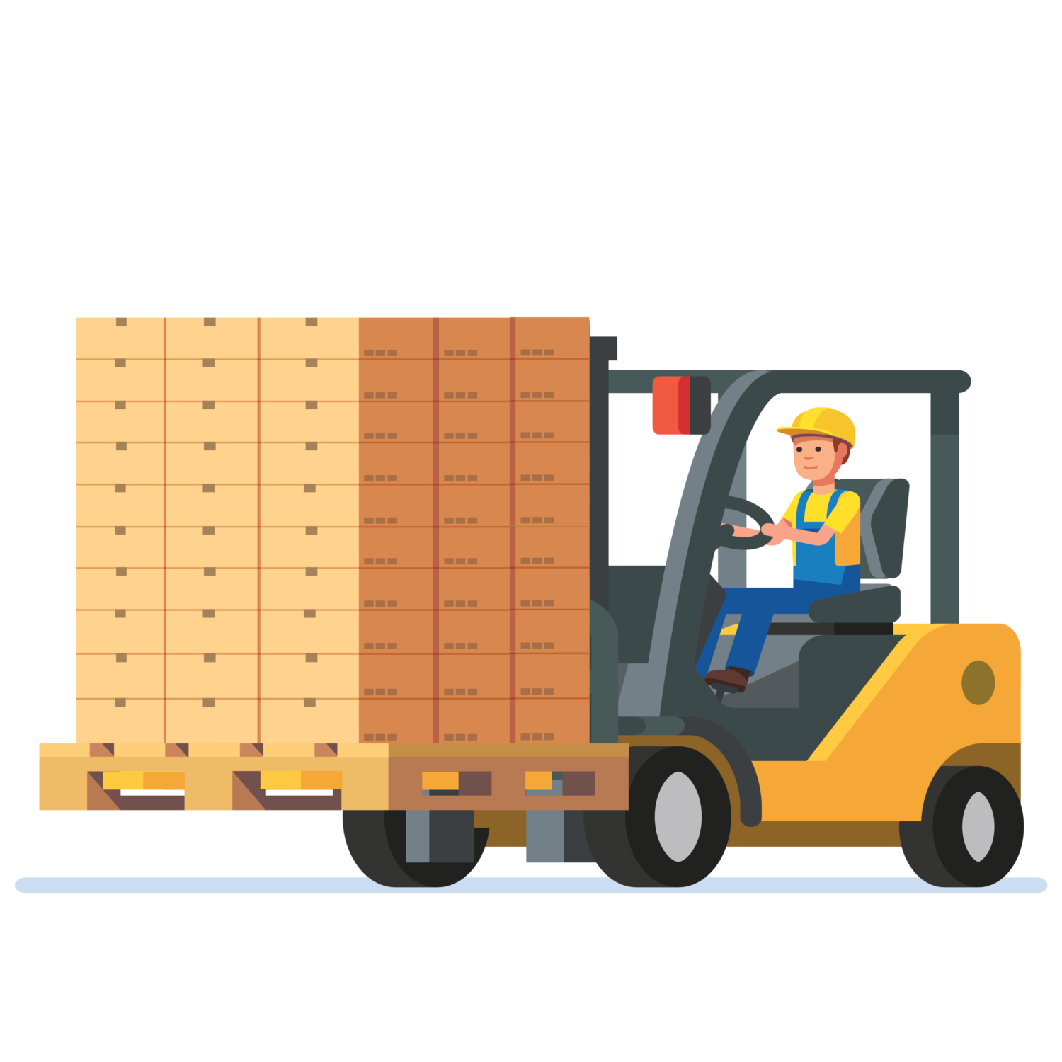 Forklift carrying rolls of bag sealing tape at the warehouse